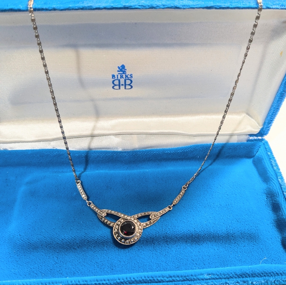 Vintage sterling silver 925 Birks marcasite garnet 1940s chain necklace